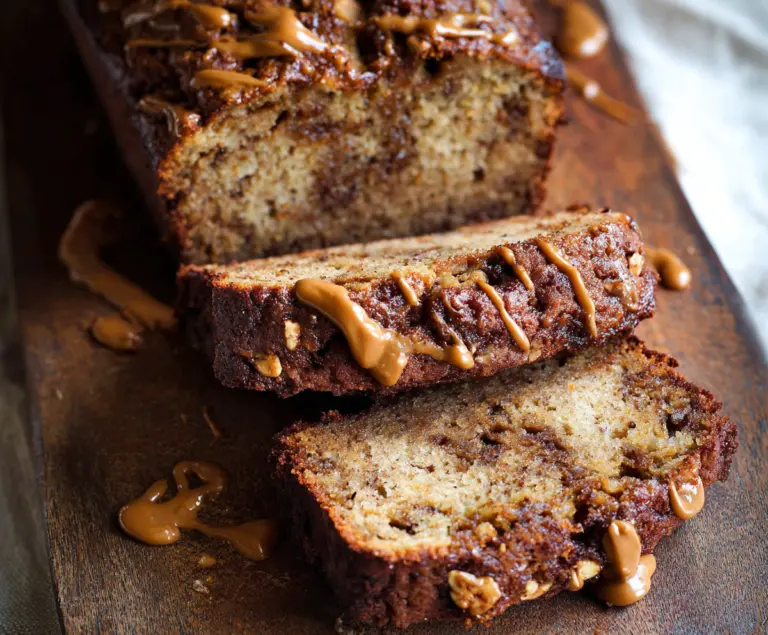 Delicious homemade peanut butter banana bread topped with sliced bananas and a drizzle of honey.