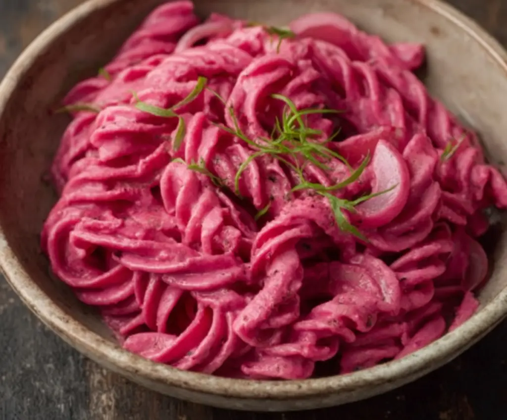 Vibrant pink pasta topped with creamy beet sauce and fresh herbs, perfect for a colorful vegetarian meal.