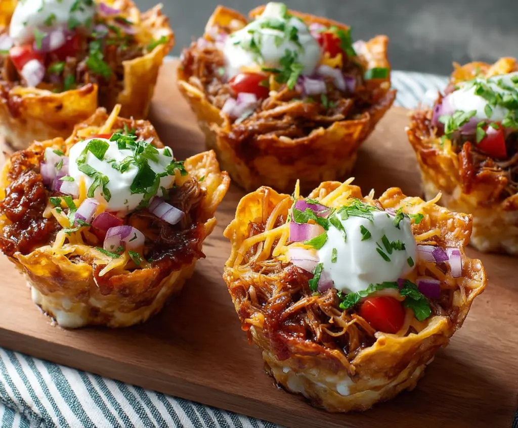 Delicious pulled pork nacho cups topped with melted cheese and fresh toppings, perfect for game day or parties.