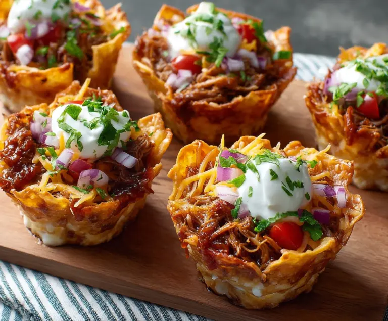 Delicious pulled pork nacho cups topped with melted cheese and fresh toppings, perfect for game day or parties.