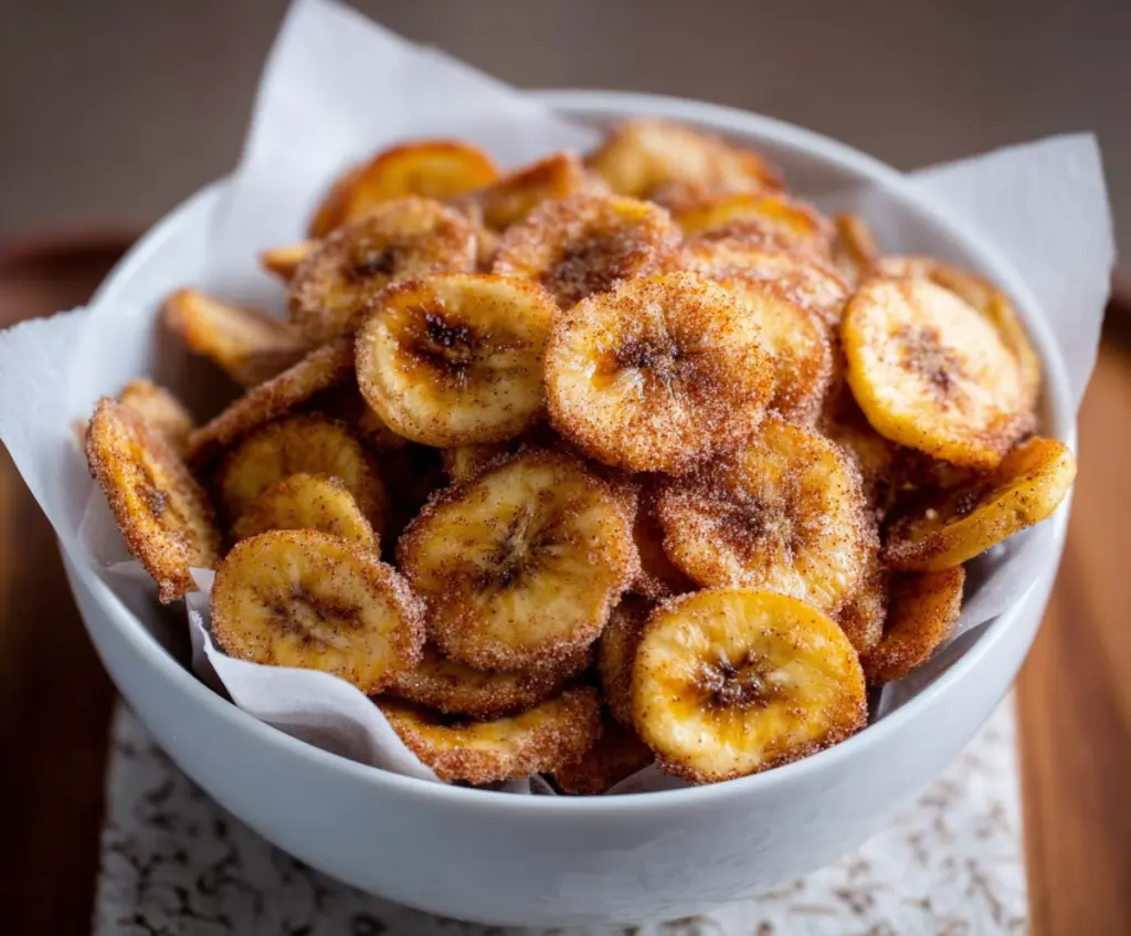 Crispy homemade cinnamon banana chips cooked in an air fryer, perfect for a healthy snack.