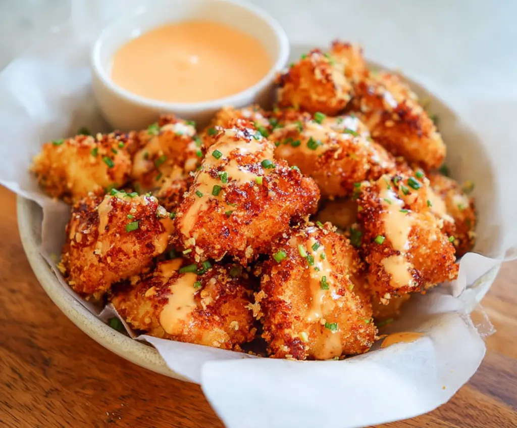Delicious crispy Air Fryer Bang Bang Chicken served with a side of fresh vegetables.