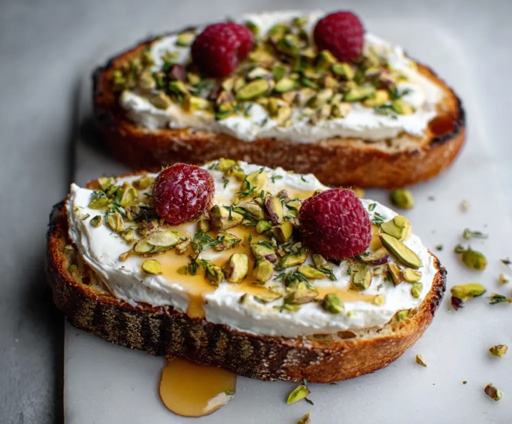 Close-up of Raspberry Ricotta Toasts topped with fresh raspberries, honey drizzle, and chopped pistachios on a rustic plate.