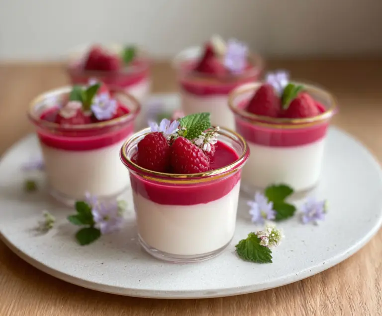Delicious Raspberry Rose Panna Cotta Cups with fresh berries and floral garnish