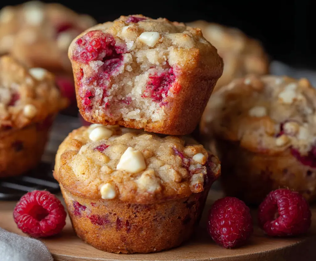 Delicious raspberry white chocolate muffins fresh out of the oven showcasing vibrant berries and creamy white chocolate chunks.