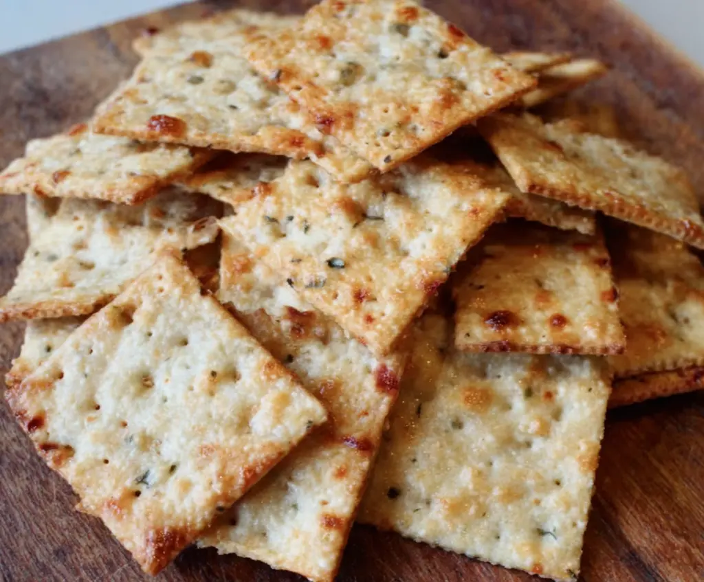 Crispy homemade sourdough discard crackers on a wooden board with cheese and dipping sauces