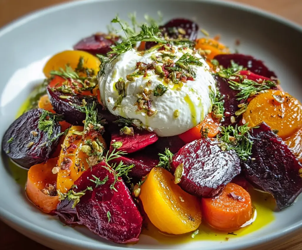 Colorful roasted beets and carrots salad topped with creamy burrata cheese, perfect for a healthy meal.