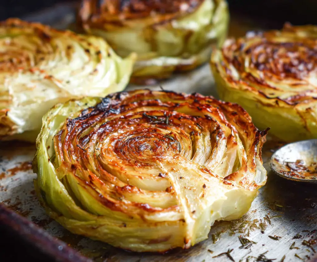 Delicious roasted cabbage steaks garnished with herbs on a rustic plate