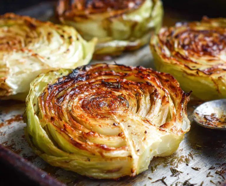 Delicious roasted cabbage steaks garnished with herbs on a rustic plate