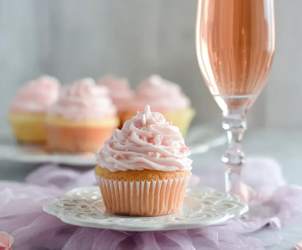 Delicious Rose Champagne Cupcakes topped with pink frosting and edible roses for a luxurious celebration treat