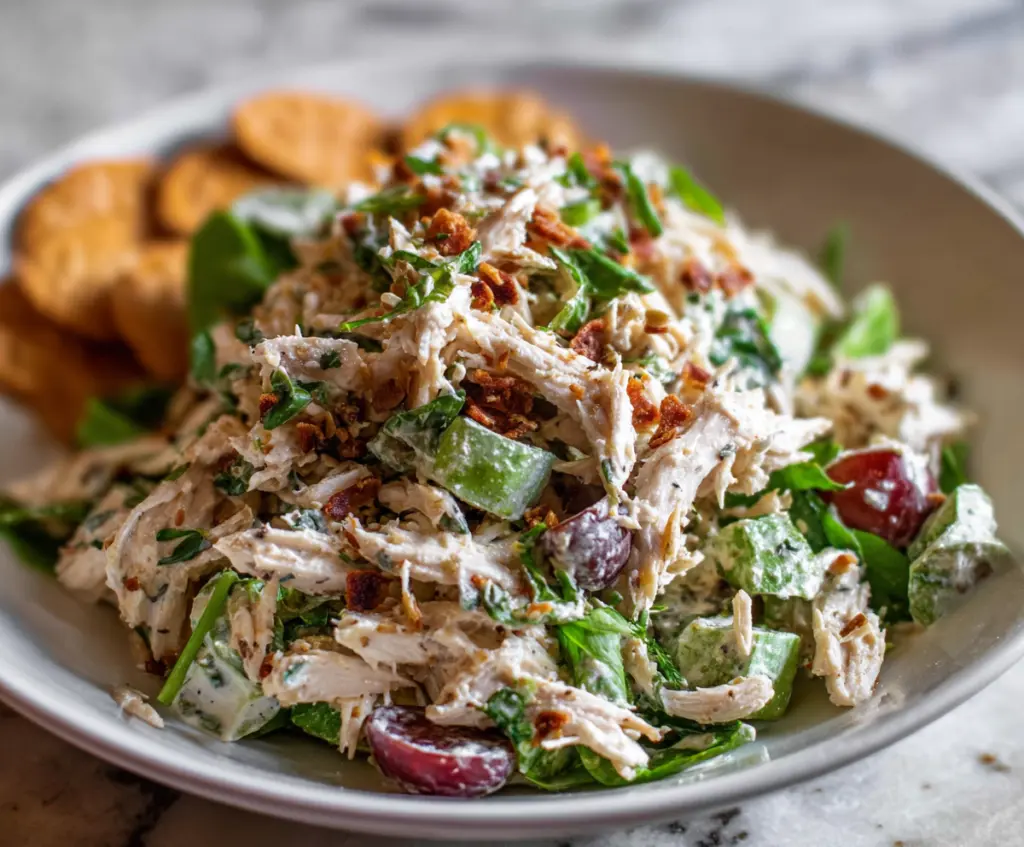 Delicious rotisserie chicken salad with fresh vegetables and herbs served in a bowl.
