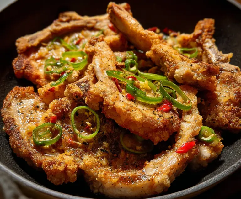 Juicy Salt and Pepper Pork Chops garnished with herbs on a rustic plate.