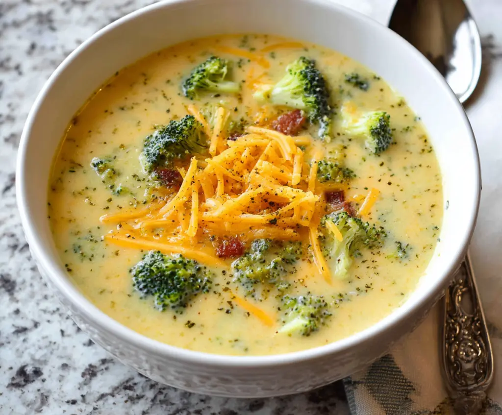 Hearty savory cheddar broccoli potato stew in a bowl, showcasing vibrant vegetables and melted cheese