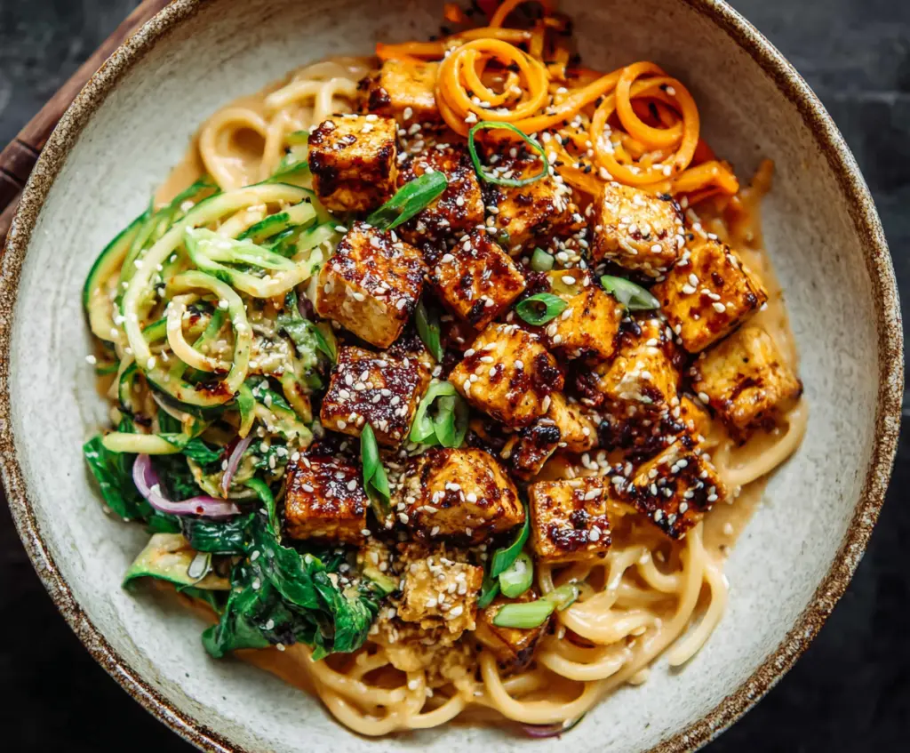 Delicious Sesame Noodle Tofu Bowls with fresh vegetables and sesame seeds on a plate.