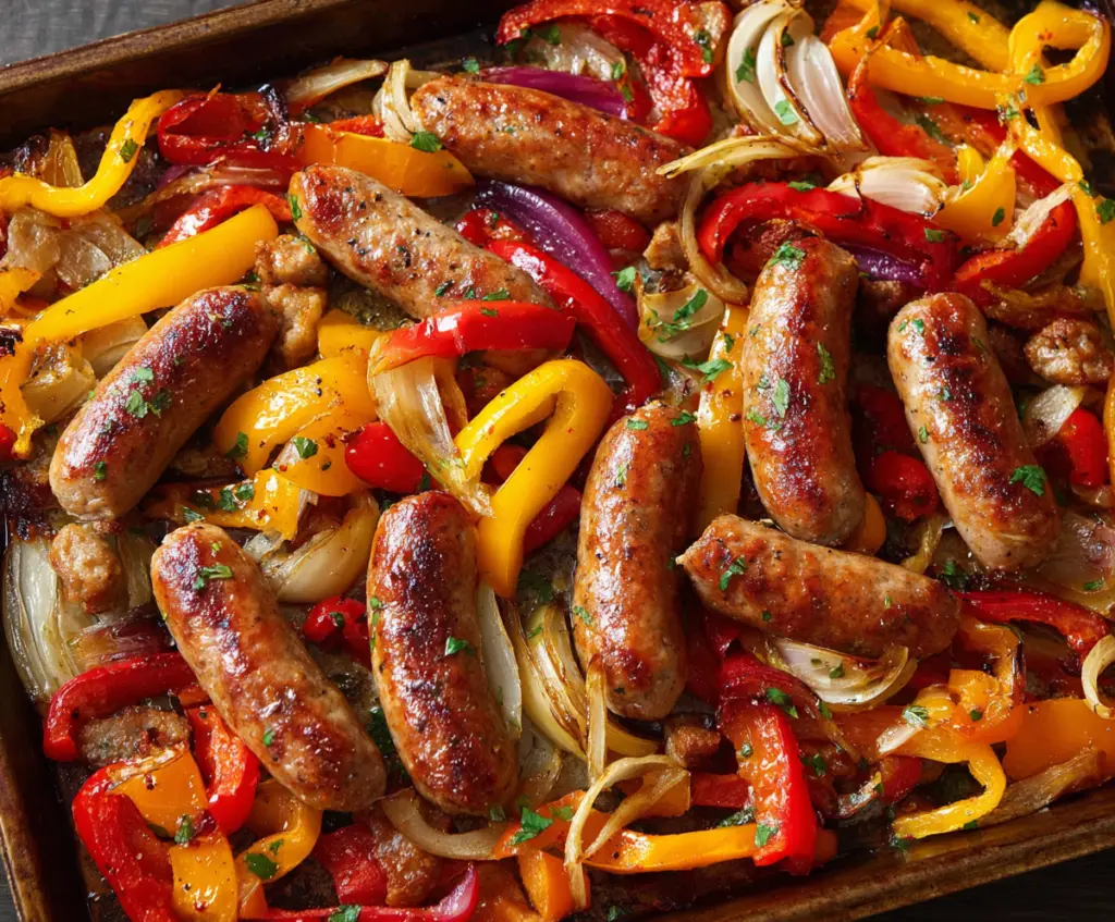 Delicious sheet pan sausage with colorful peppers and onions, perfect for a quick dinner.