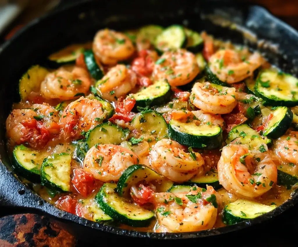 Delicious shrimp and zucchini skillet dish garnished with herbs, perfect for a healthy meal.