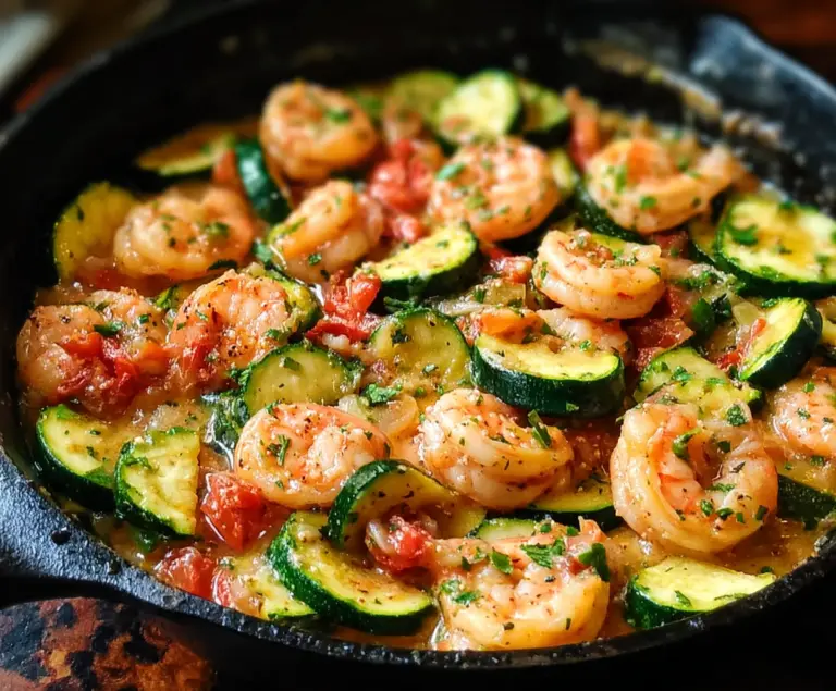 Delicious shrimp and zucchini skillet dish garnished with herbs, perfect for a healthy meal.