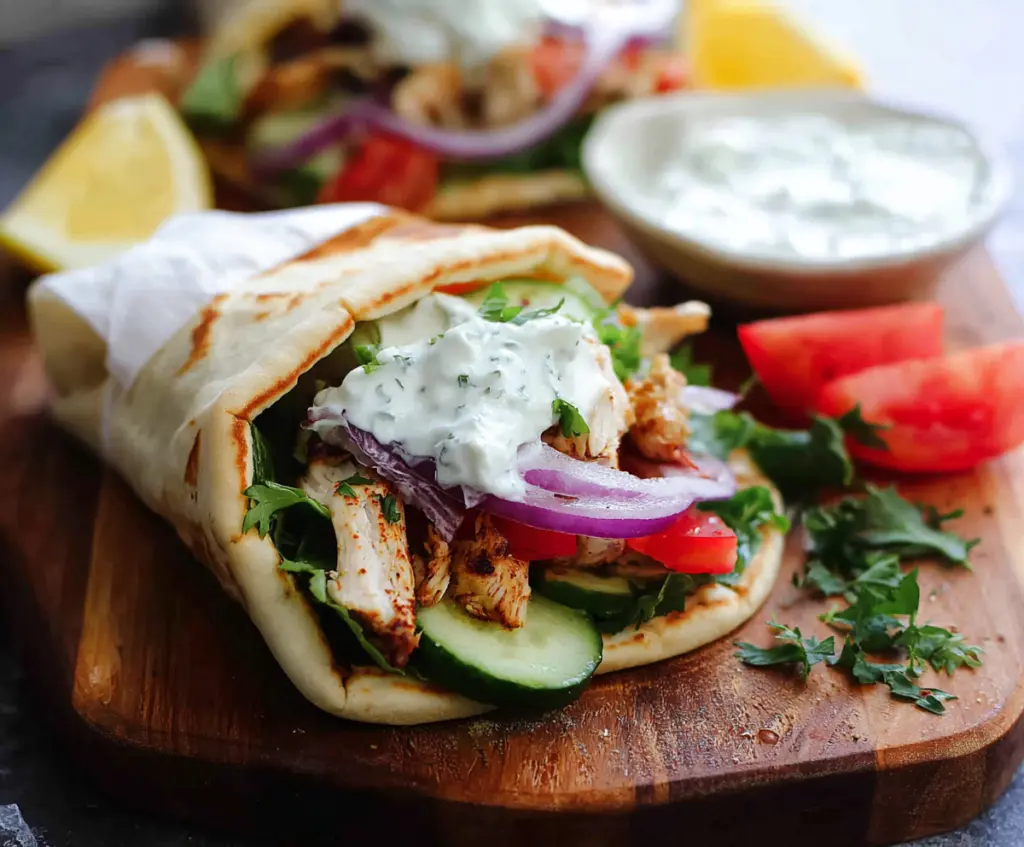 Delicious Slow Cooker Chicken Gyros served with fresh vegetables and pita bread.