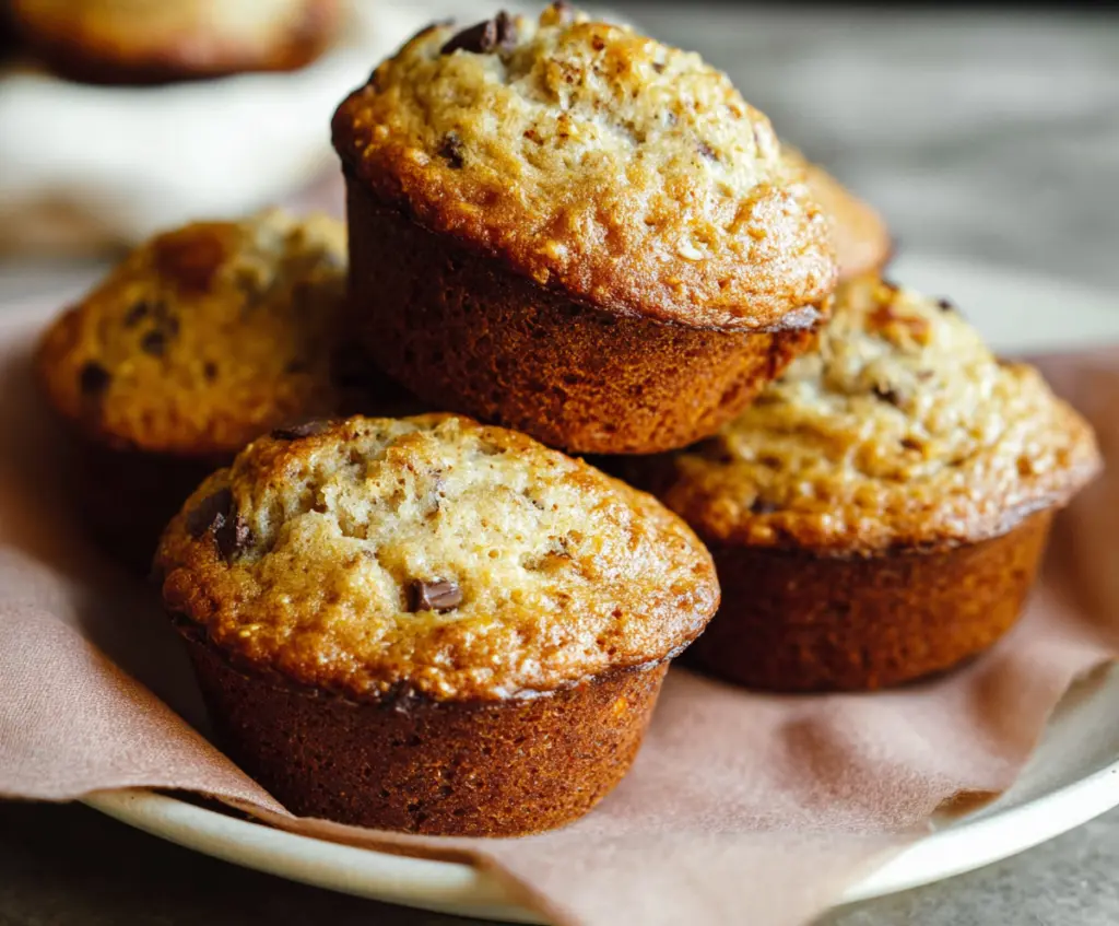 Delicious homemade sourdough discard banana muffins on a rustic plate