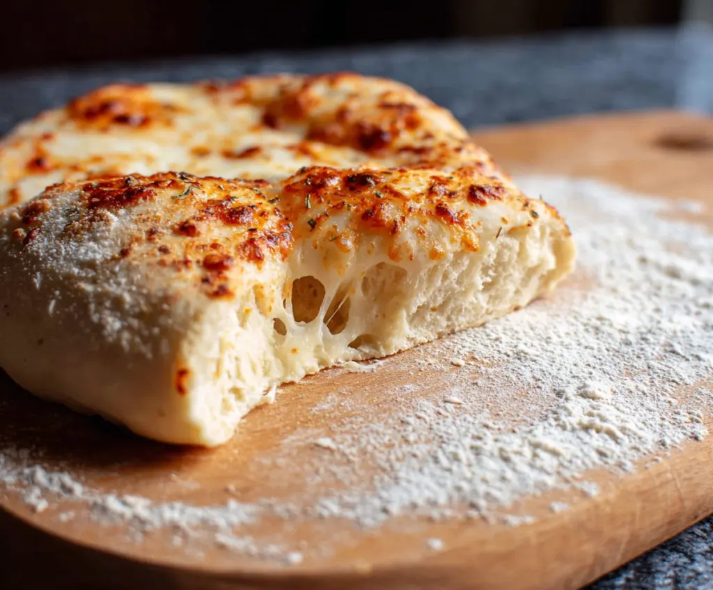 Homemade sourdough discard pizza dough ready to bake with a golden crust and bubbling cheese.