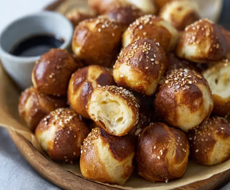 Delicious sourdough discard soft pretzel bites served with dipping mustard.