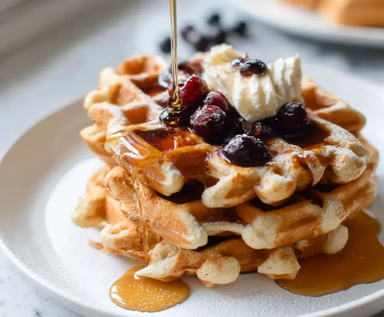 Golden brown sourdough discard waffles served with fresh berries and syrup on a rustic plate.