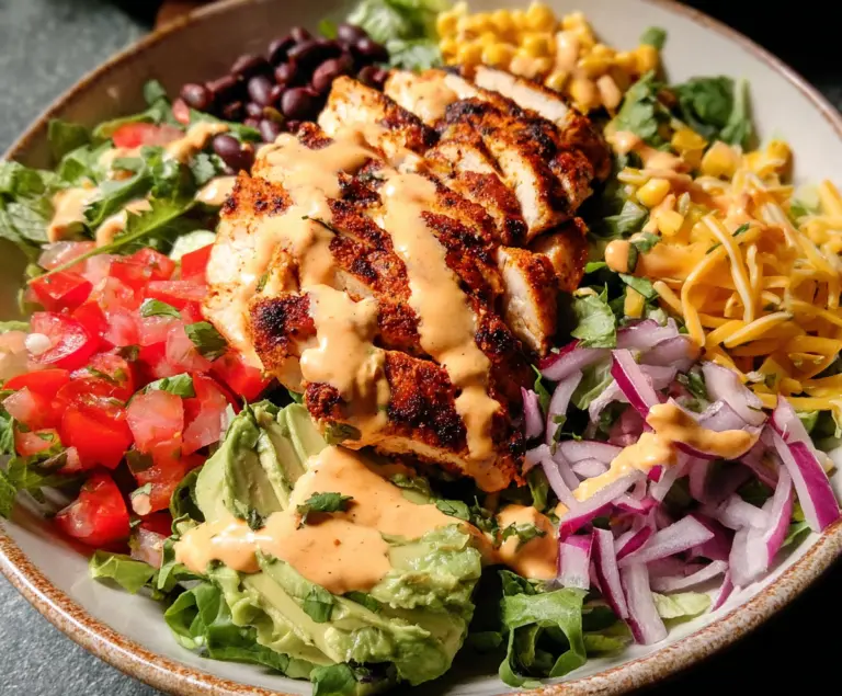 Delicious spicy Southwest chicken salad with fresh vegetables and zesty dressing.