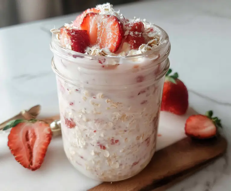 Delicious strawberries and cream overnight oats in a glass jar, topped with fresh strawberries and a drizzle of cream.