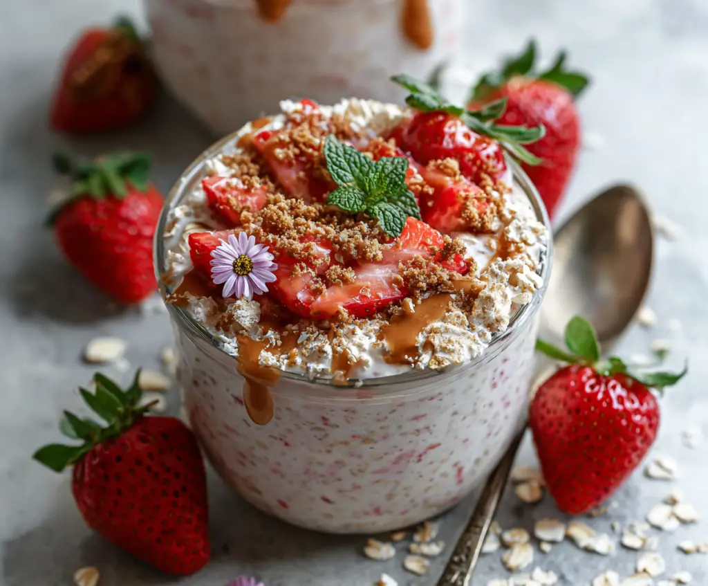 Creamy strawberry cheesecake overnight oats in a glass jar garnished with fresh strawberries and a mint sprig