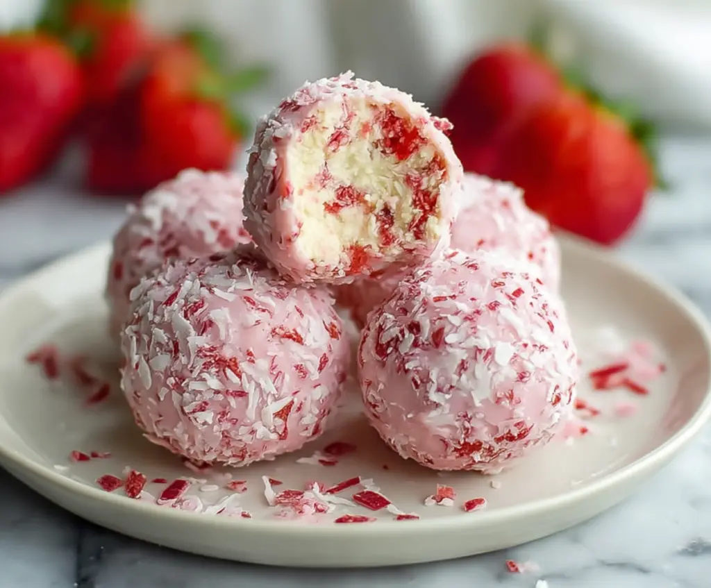 Delicious strawberry cheesecake protein balls on a white plate showcasing a healthy snack option.
