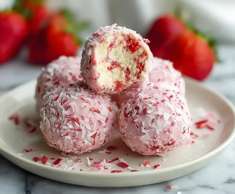 Delicious strawberry cheesecake protein balls on a white plate showcasing a healthy snack option.