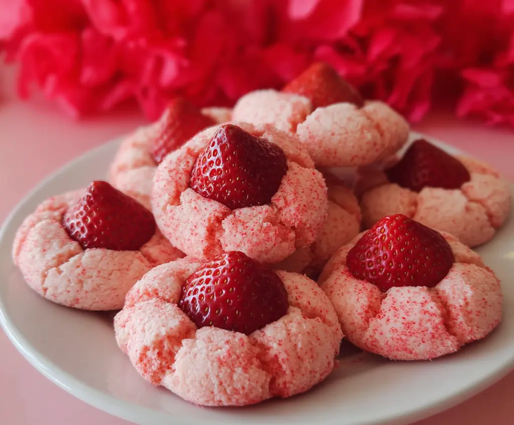 Delicious Strawberry Kiss Cookies with vibrant red strawberry glaze and sweet cookie base.
