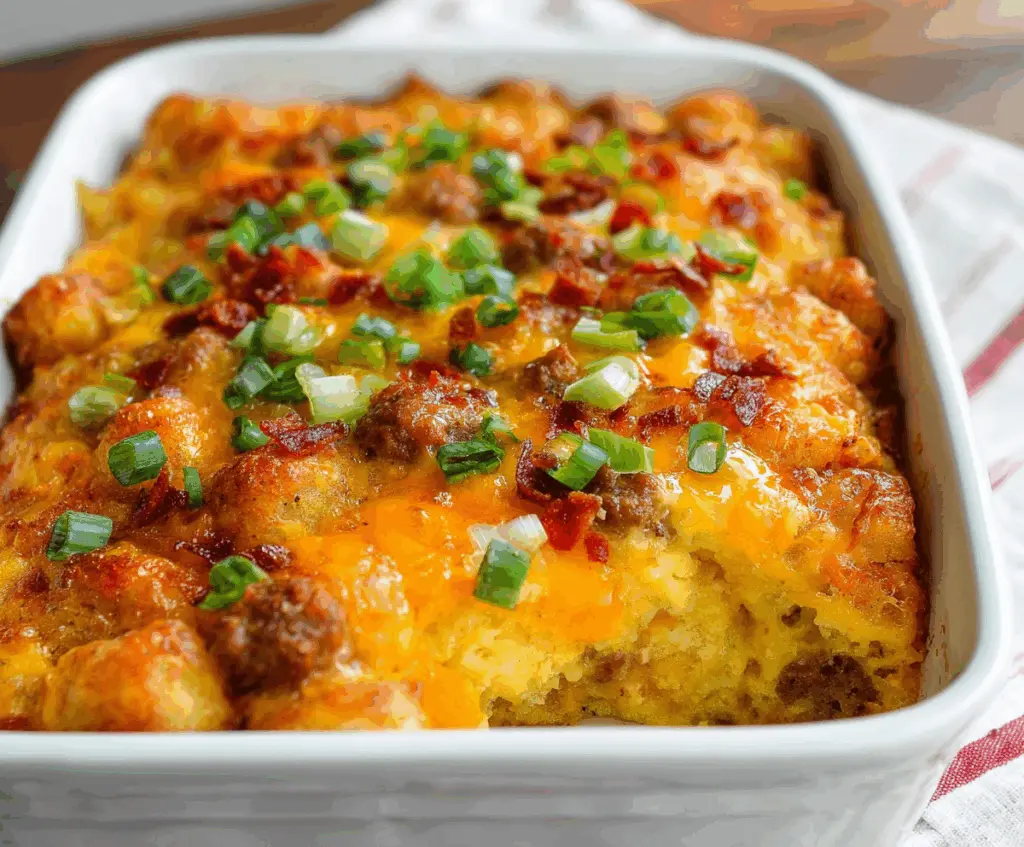 Delicious Tater Tot Sausage Breakfast Casserole in a baking dish with golden crispy tater tots and savory sausage.