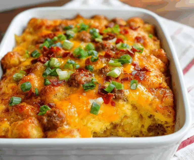 Delicious Tater Tot Sausage Breakfast Casserole in a baking dish with golden crispy tater tots and savory sausage.