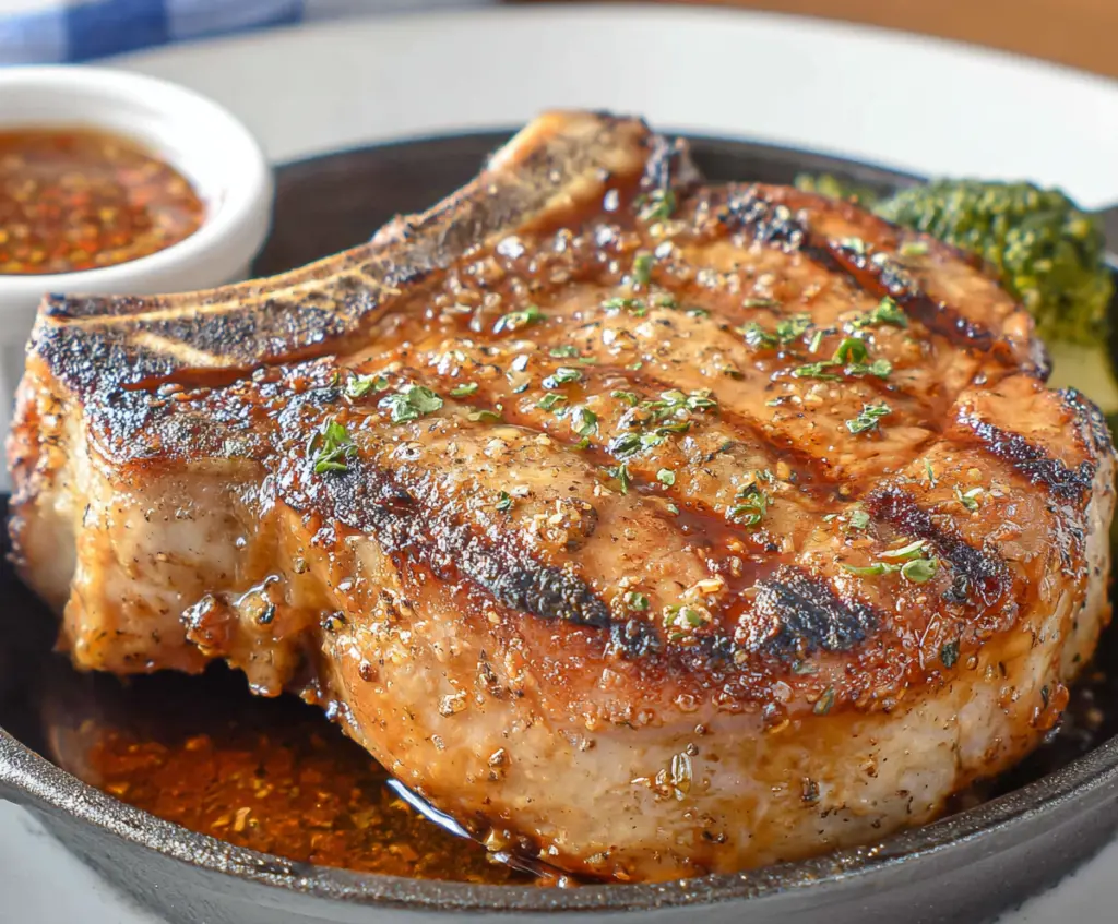 Juicy Texas Roadhouse pork chops served with a side of fresh vegetables on a rustic plate.