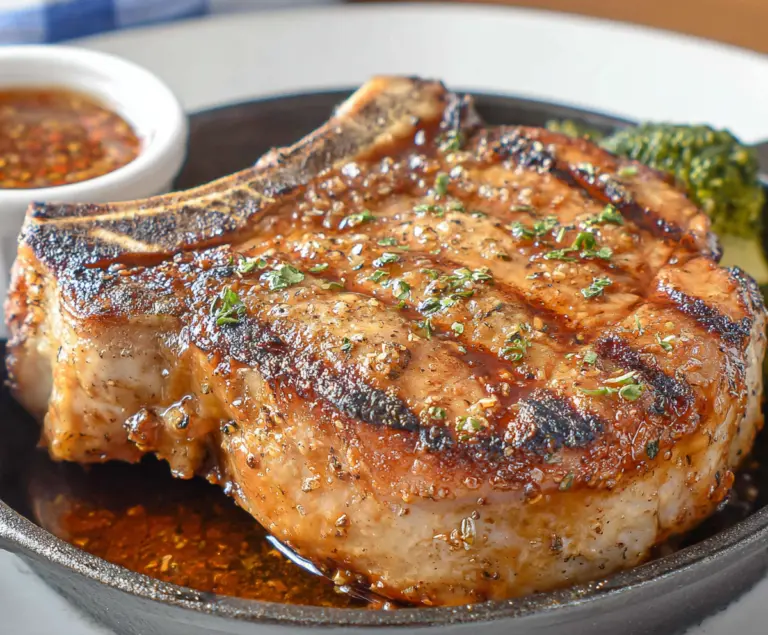 Juicy Texas Roadhouse pork chops served with a side of fresh vegetables on a rustic plate.