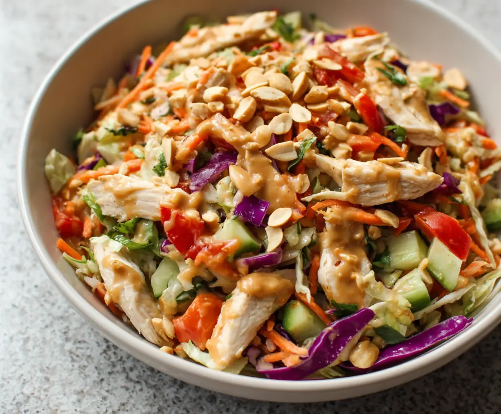 Fresh Thai Chicken Salad topped with crunchy vegetables and rich peanut dressing, served on a white plate.
