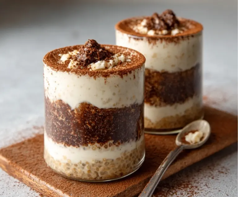 Delicious Tiramisu Overnight Oats in a glass jar with coffee and cocoa toppings for a tasty breakfast