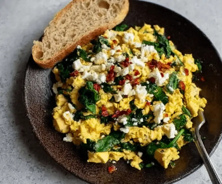 A plate of Tofu and Spinach Breakfast Scramble topped with crumbled Feta cheese, featuring vibrant greens and golden tofu.