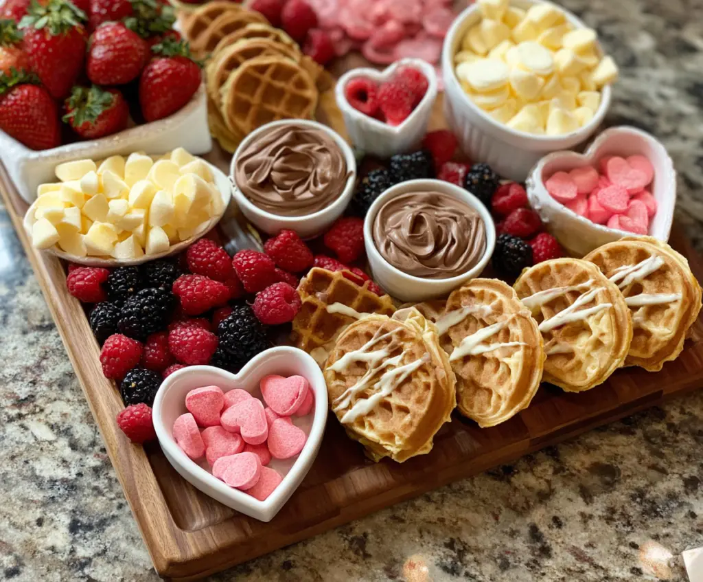 Delicious Valentine's Day waffle board decorated with fresh strawberries, whipped cream, and chocolate drizzle for a romantic breakfast treat.