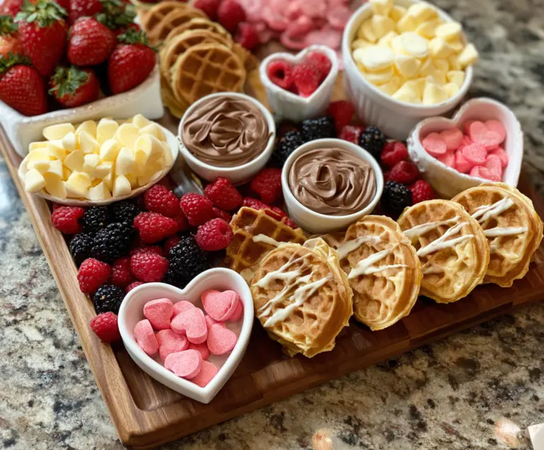 Delicious Valentine's Day waffle board decorated with fresh strawberries, whipped cream, and chocolate drizzle for a romantic breakfast treat.