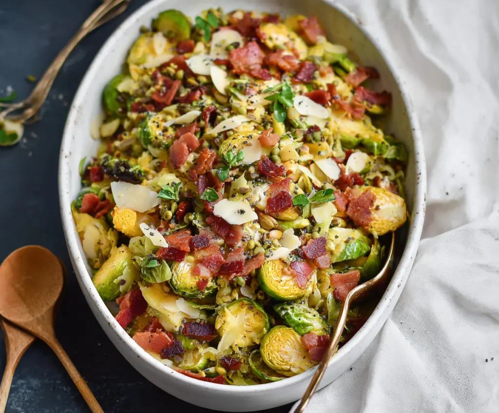 Delicious Warm Brussels Sprouts Bacon Salad with crispy bacon and fresh greens.