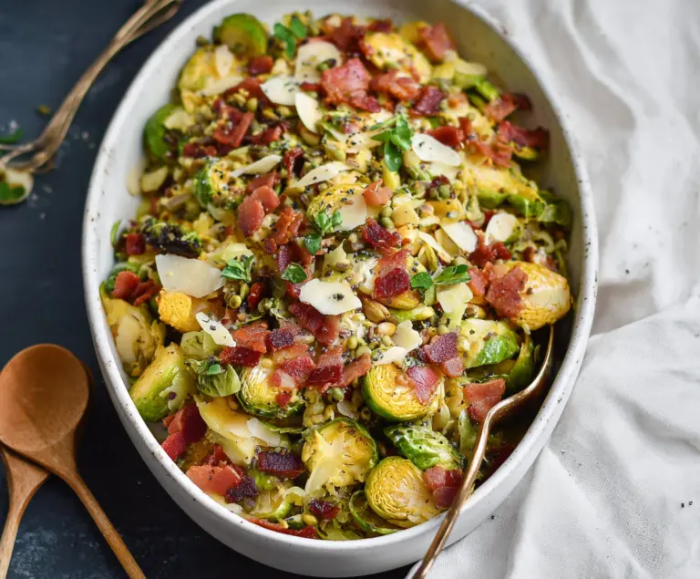 Delicious Warm Brussels Sprouts Bacon Salad with crispy bacon and fresh greens.