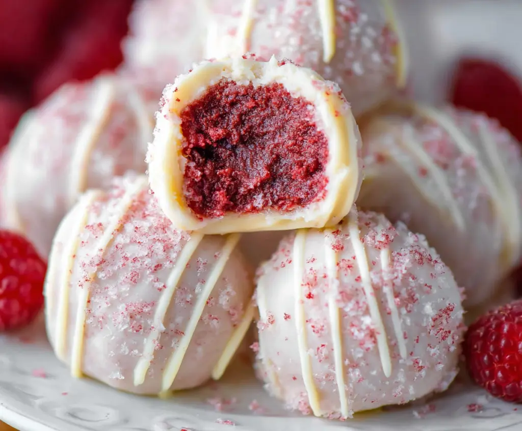 Delicious white chocolate raspberry truffles with a smooth, creamy appearance and fresh raspberry garnish.