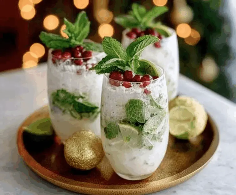 Refreshing White Christmas Mojitos garnished with mint leaves and lime slices in a clear glass