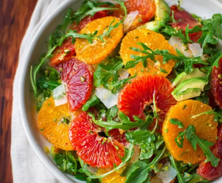 Refreshing Winter Citrus &amp; Arugula Salad with juicy oranges, grapefruits, and peppery arugula, perfect for a healthy seasonal meal.