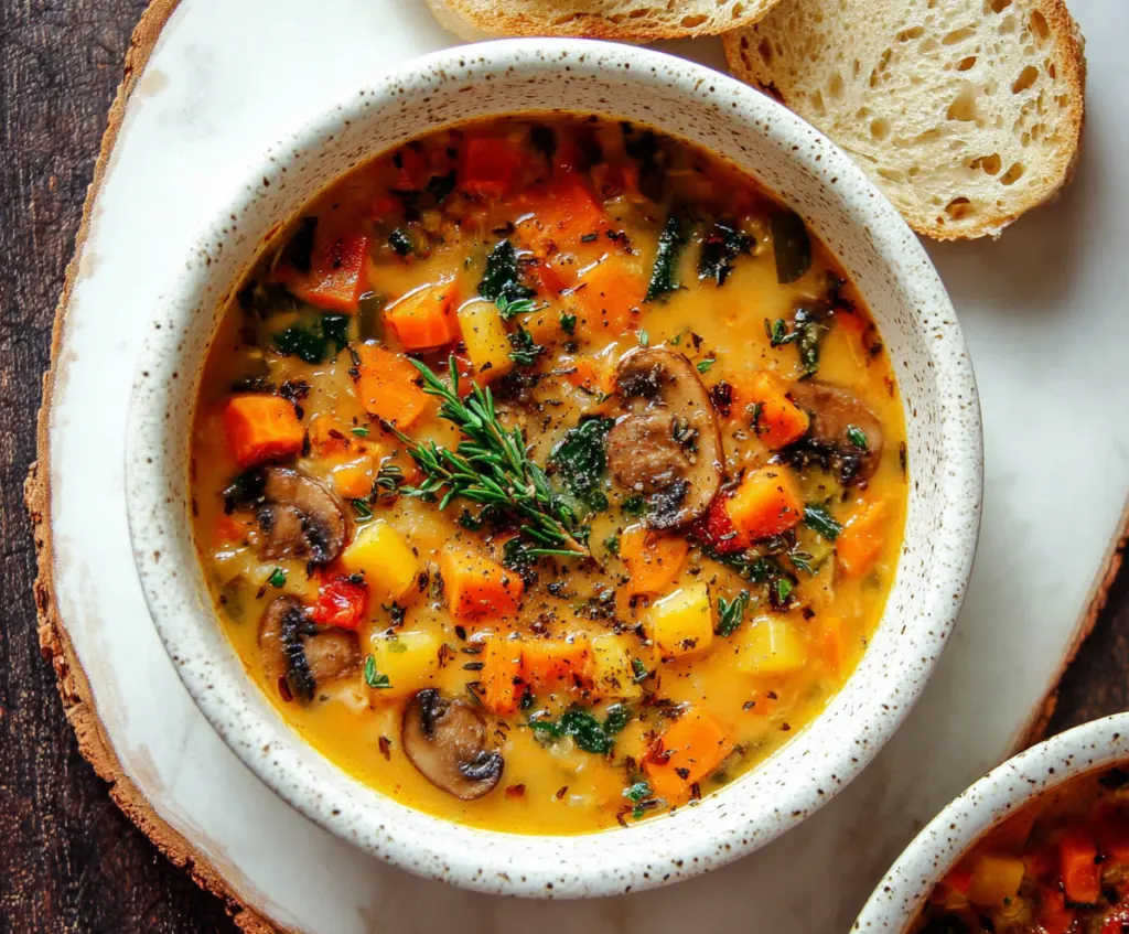 Warm Autumn Harvest Vegetable Soup with vibrant seasonal vegetables in a rustic bowl.