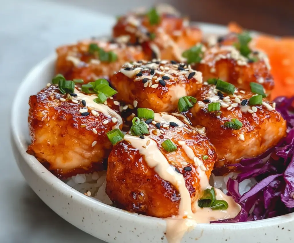 Delicious Bang Bang Salmon Bites served in a bowl garnished with fresh herbs