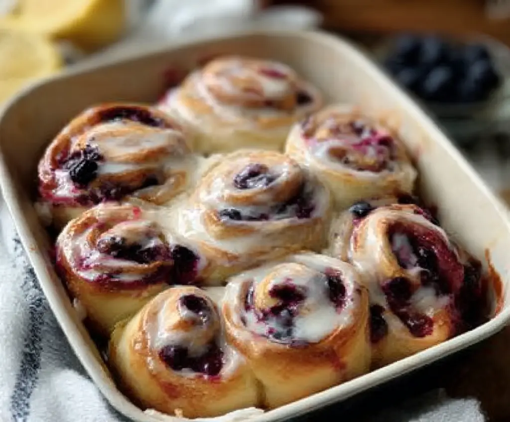 Delicious blueberry lemon sourdough sweet rolls garnished with fresh blueberries and lemon zest