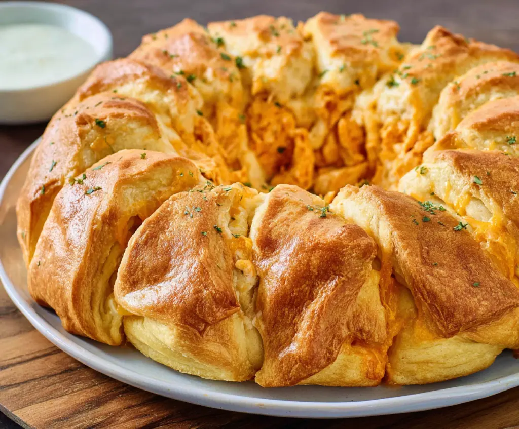 Delicious Buffalo Chicken Crescent Roll Ring served hot with melted cheese and spicy buffalo sauce.
